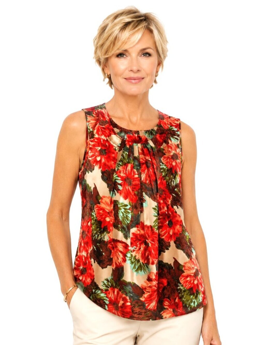 Talbots Petites Orange Floral Silk Pleat Front Sleeveless Top